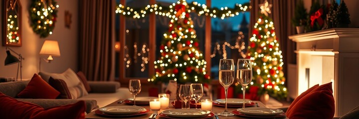 Cozy Christmas living room with decorated tree, twinkling lights, dinner table set with champagne glasses, warm holiday ambiance, cozy evening, lights, glasses