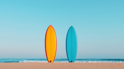 Colorful Surfboards on a Tranquil Beach Under Clear Blue Sky with Calm Ocean Waves