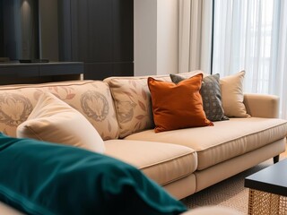 Cozy living room featuring a stylish modern sofa, fluffy throw pillows, elegant decor and soft lighting, comfortable, throw pillows, contemporary