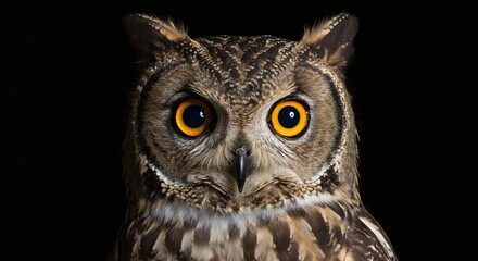 Close-up portrait of an owl with striking orange eyes and detailed brown feathers, staring intensely against a black background.