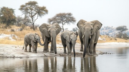Elephants grazing by the water african savanna wildlife photography serene landscape natural habitat family bonds