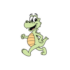 Cartoon dinosaur character with a big smile, walking playfully in a fun and friendly style