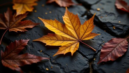 Autumn leaves on dark slate background