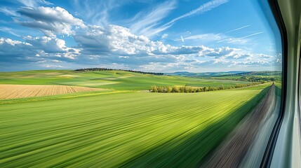 Rolling green fields viewed from a moving train window.