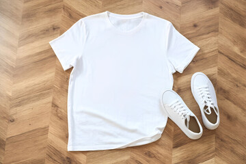 Plain white t shirt mockup and sneakers on wooden background, 300dpi, 3d illustration