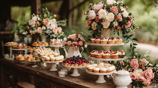 Elegant dessert table display outdoor garden food photography floral decor close-up view celebration concept