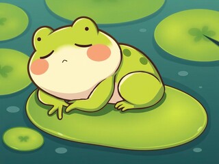 Cute frog with closed eyes and a content expression sleeping on a lily pad in a childish cartoon style illustration, frog, sleeping, cartoon
