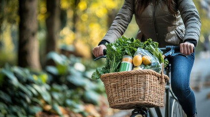 Eco-Friendly Zero Waste Solutions for Sustainable Living. Person riding a bike with a basket full of fresh groceries.