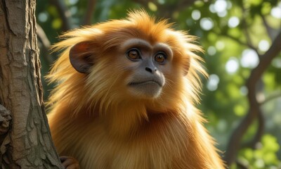 Obraz premium A of Gee s Golden langur peers out from a tree, langur, black faced, face