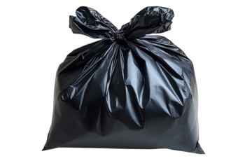A black garbage bag tied at the top, typically used for waste disposal.