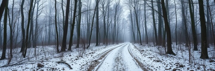 Fototapeta premium Eerie winter forest with mystical path through snow covered ground and barren tree silhouettes, capturing the essence of a silent wonderland, winter, path, ground