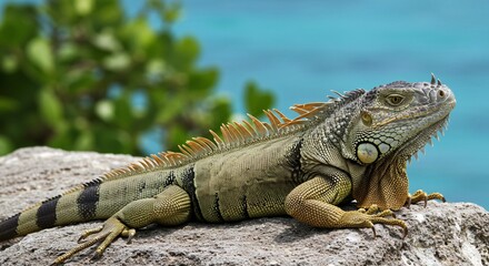 A green iguana basks on a sunlit rock near turquoise waters, showcasing its spiky crest, textured scales, and powerful claws in a tropical setting.