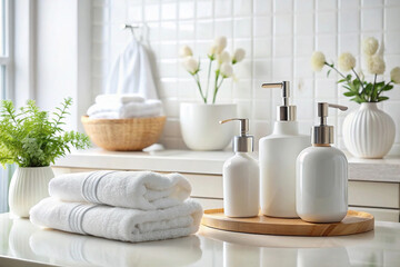White bathroom, towels, soap dispensers, flowers, serene spa