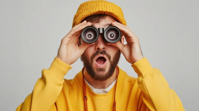 man in yellow sweater using binoculars