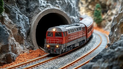 Model Train Navigating Through Tunnel in Scenic Mountain Landscape
