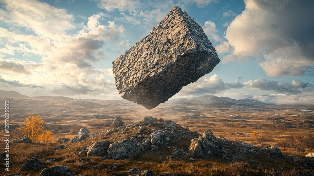 Poster a mysterious hill where objects defy gravity and move upward, with empty space for text.