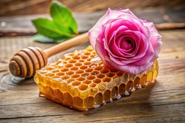 A pink rose dripping honey into a wooden honeycomb, floral fragrance, bees favorite, golden delight, floral nectar, sweet treat