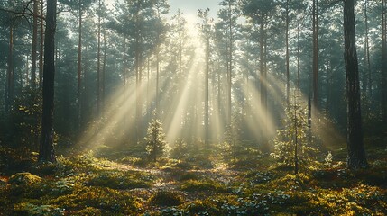Obraz premium Sunlight streaming through tall trees serene forest nature photography tranquil environment natural landscape