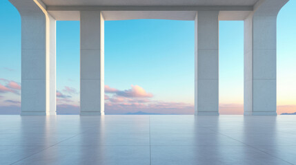 serene architectural space with columns and stunning sky view, showcasing blend of modern design and natural beauty
