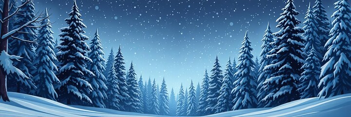 Obraz premium Festive Christmas trees in snowy forest at magical night, winter wonderland illustration, digital, winter wonderland, illustration