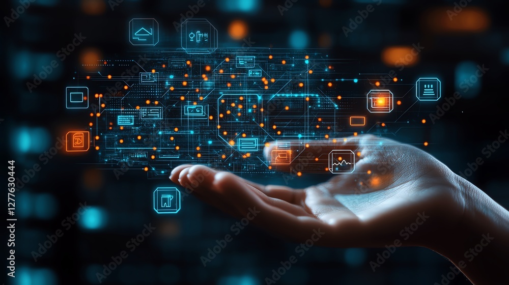 Poster a hand presenting a digital interface with floating networking and technology icons, symbolizing adv