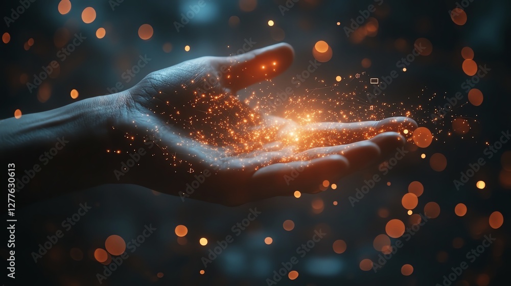 Poster a hand presenting a glowing digital screen with floating networking and technology icons, representi