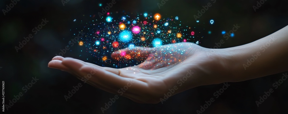 Poster a hand presenting a holographic digital interface with vibrant technology icons and networking symbo