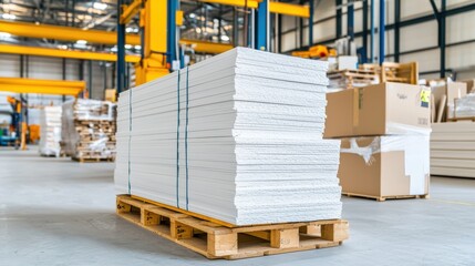 White Stacked Panels on Wooden Pallet in Warehouse with Bright Industrial Background
