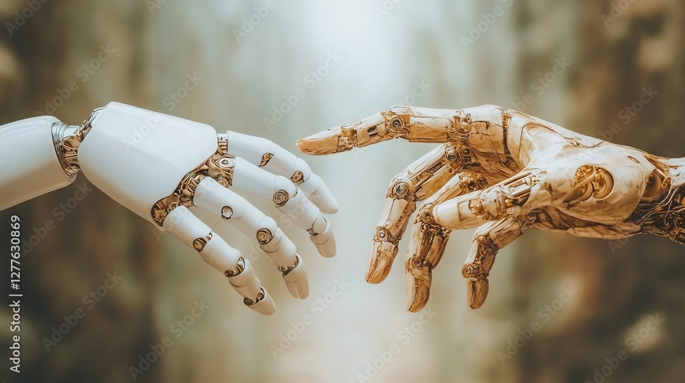 Aufkleber a robot hand and a human hand reaching toward each other, depicting the concept of machine learning 