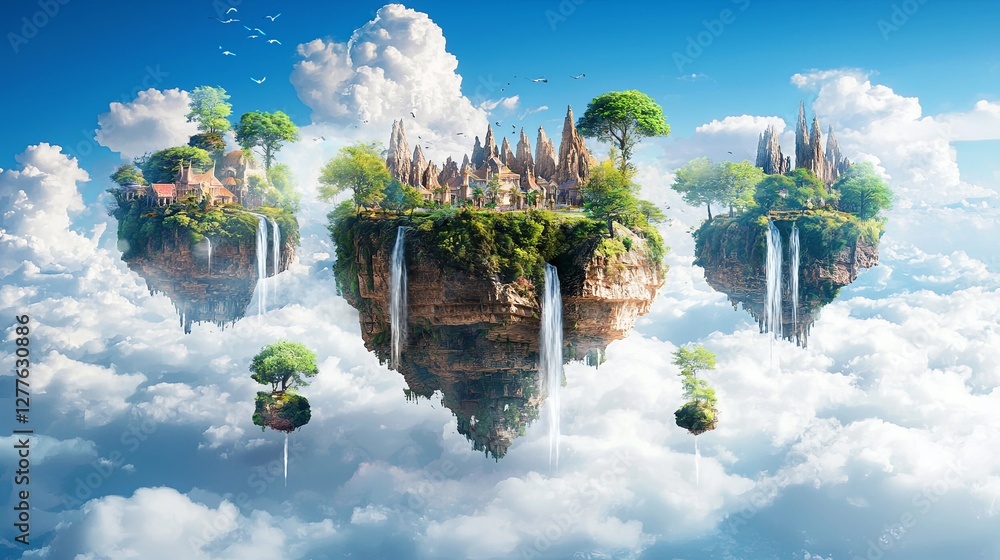 Poster a mystical waterfall flowing in multiple streams through floating mountains under a dreamy blue sky,
