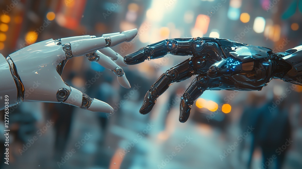 Aufkleber a robot hand and a human hand reaching toward each other, depicting the concept of machine learning 