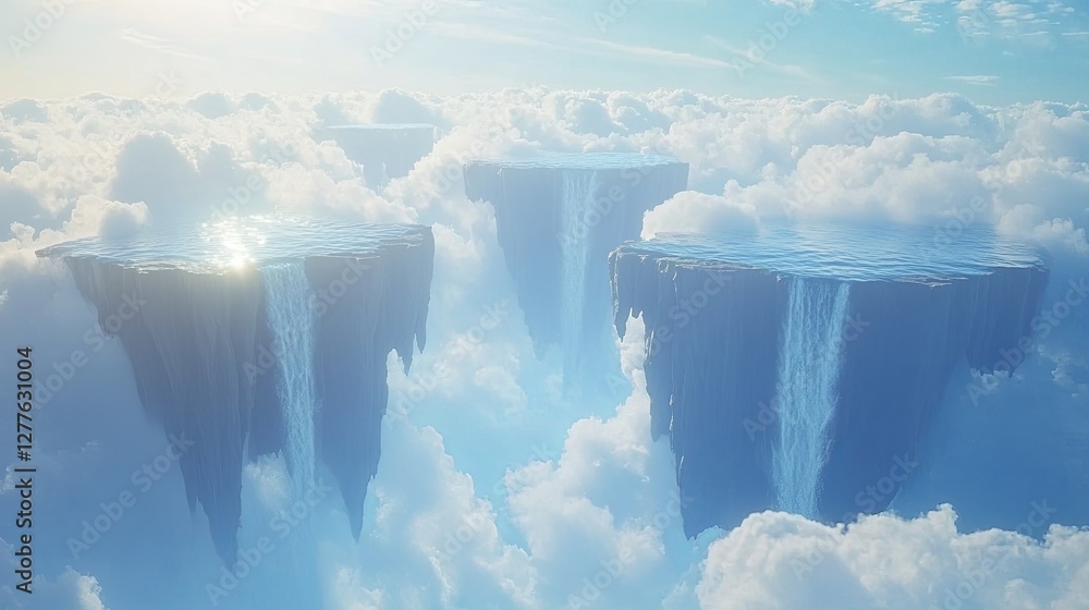 Poster a mystical waterfall flowing in multiple streams through floating mountains under a dreamy blue sky,