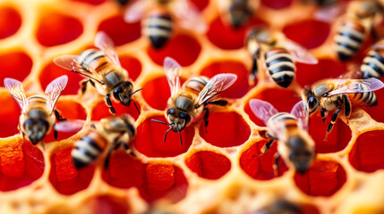 Close-up of bees collecting nectar from honeycomb cells.