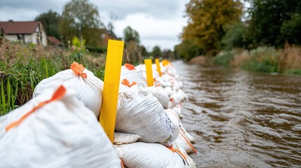 Flood Prevention Measures with Sandbags Near Waterway in Urban Environment