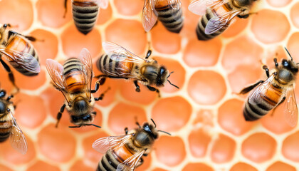 Close-up of bees on honeycomb, showcasing their intricate teamwork.