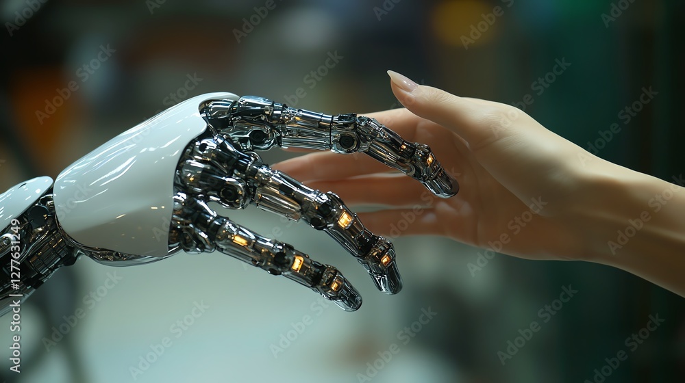 Poster closeup of a robot hand and a human hand in a touching moment, representing the synergy of machine l
