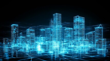 Fototapeta premium A neon-filled futuristic skyline where hovering buildings form a technological wonderland, with copy space.