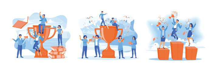 Business teams celebrate business success with confetti, trophies and awards.
