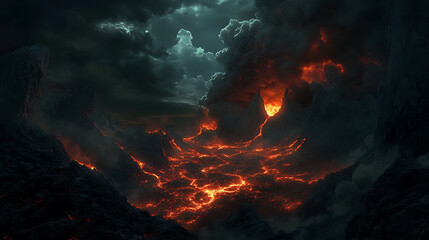 Fototapeta premium A breathtaking volcanic landscape, with lava glowing under a dark sky, capturing the raw power of nature 