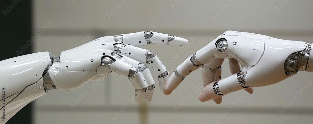 Poster human and robot hands reaching out to touch each other, symbolizing the integration of machine learn