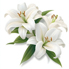 Fototapeta premium White Easter lilies in botanical arrangement with green leaves