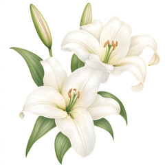 Beautiful white Easter lilies with green leaves and buds