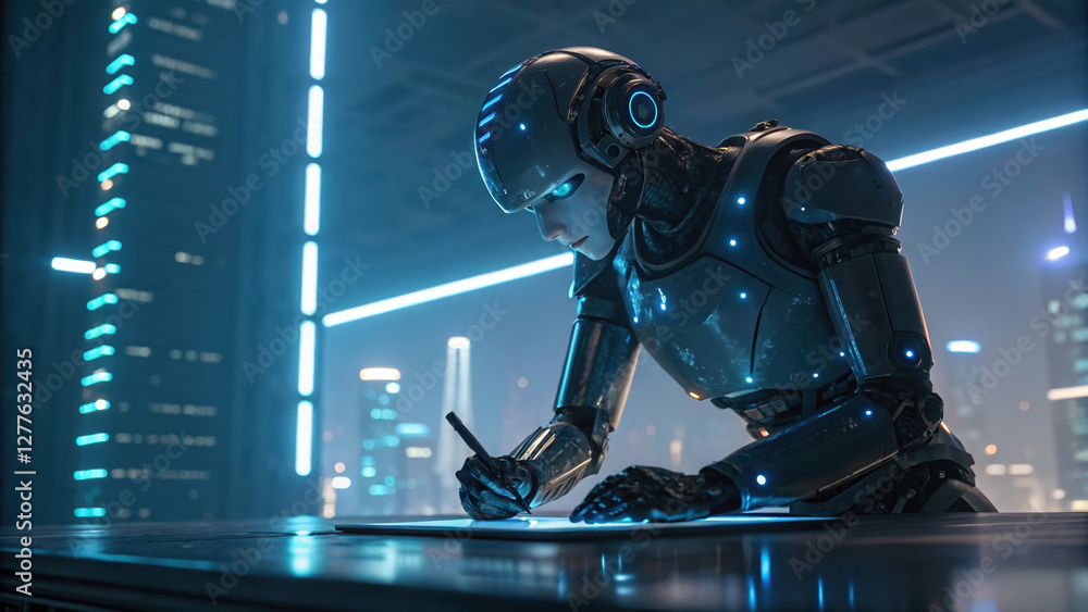 Poster futuristic ai driven robot signing smart contract in high tech environment