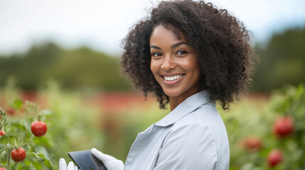 Black modern farmer woman holding tablet working in tomato plant field