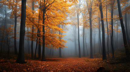 Fototapeta premium A foggy autumn forest where golden leaves gently fall, creating a mystical and serene atmosphere 