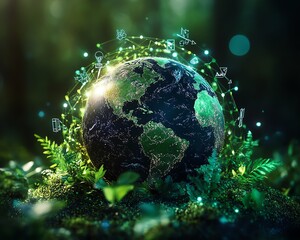 A vibrant Earth on World Earth Day with symbols of sustainable development goals, illustrating environmental protection, green technology, and global sustainability