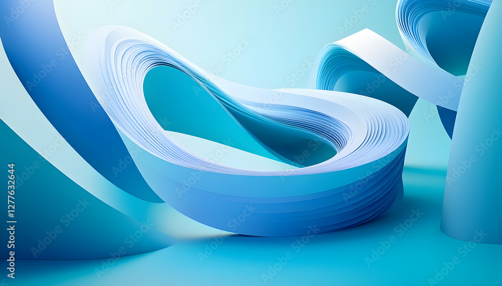 Poster abstract blue paper swirls, dynamic curves and layers create a modern, artistic background. ideal fo