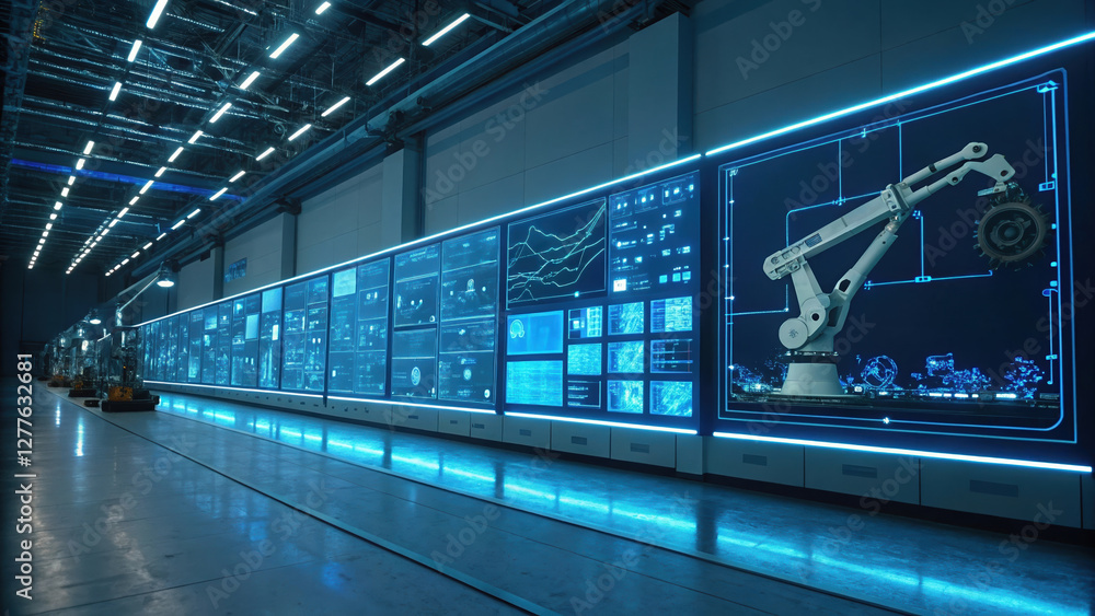 Poster high tech digital dashboard displaying interconnected data and robotic arm