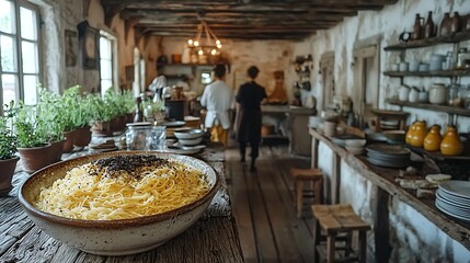 Culinary preparation of traditional pasta cozy kitchen food photography rustic atmosphere indoor view culinary arts