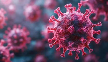 A closeup 3D visualization of a virus under a microscope, emphasizing its detailed spiky structure, with dynamic lighting and texture